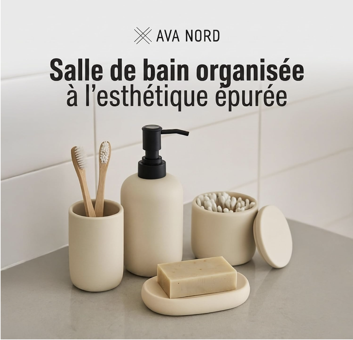 Ensemble d'Accessoires de Salle de Bain en Céramique | 4pk | Crème | Distributeur de Savon + Porte-Brosses à Dents + Porte-Savon + Gobelet — photo 1
