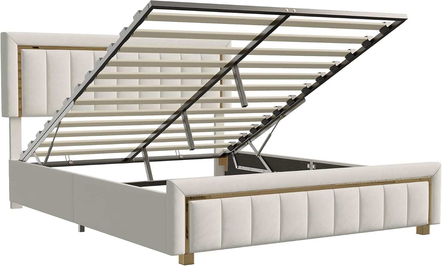 Mutuolux Lit Coffre 160x200 de Rangement avec Tête de Lit Matelassée, Lits Double avec Hydraulique et sommier à Lattes,Cadre en Velours Blanc avec Bordures miniature 7