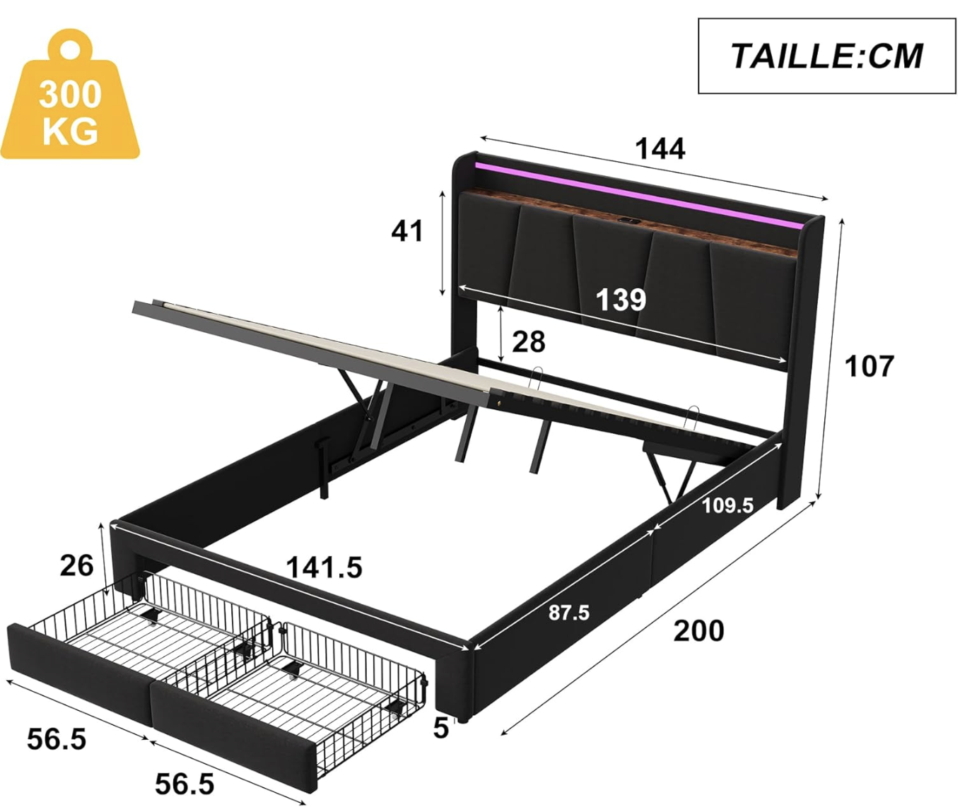 QMTXBYJ lit Coffre 140x190 avec Éclairage LED et Port USB,lit Hydraulique avec Étagères Ouvertes et Rangement Caché en Tête de Lit Capitonné miniature 2