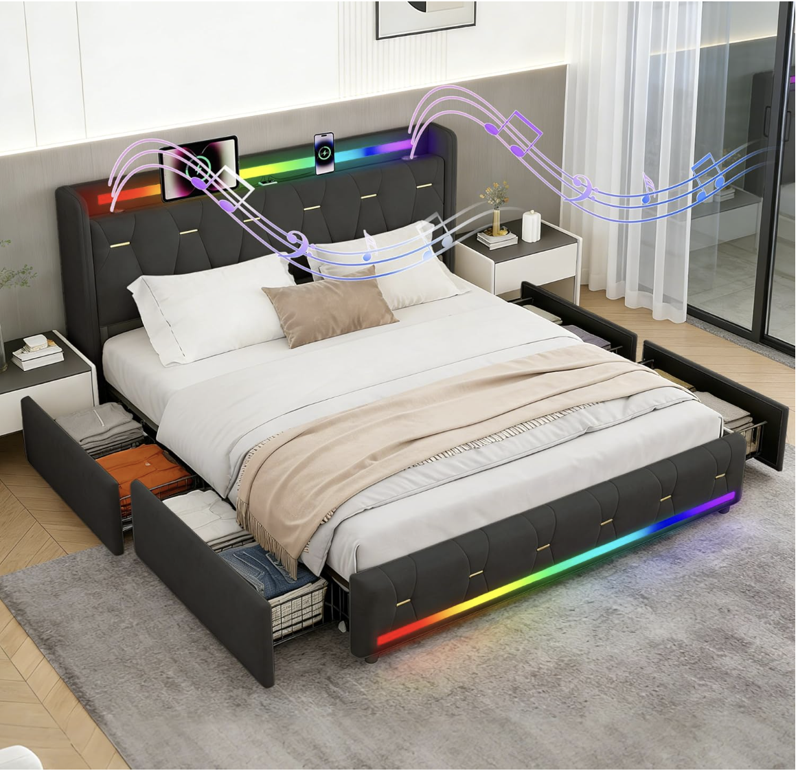  EBSFBD Cadre de lit 140x200 cm avec Enceinte Bluetooth, Velours, Noir | 4 tiroirs de rangement, lit capitonné, éclairage d'ambiance LED, USB  — photo 1