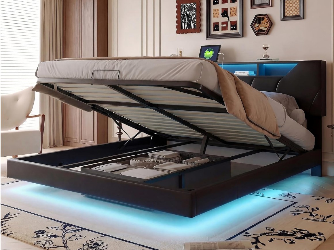 JDEFARF Lit double suspendu avec coffre et LED 160 x 200 cm, lit coffre rembourré en polyuréthane noir, lit double avec tête de lit miniature 3