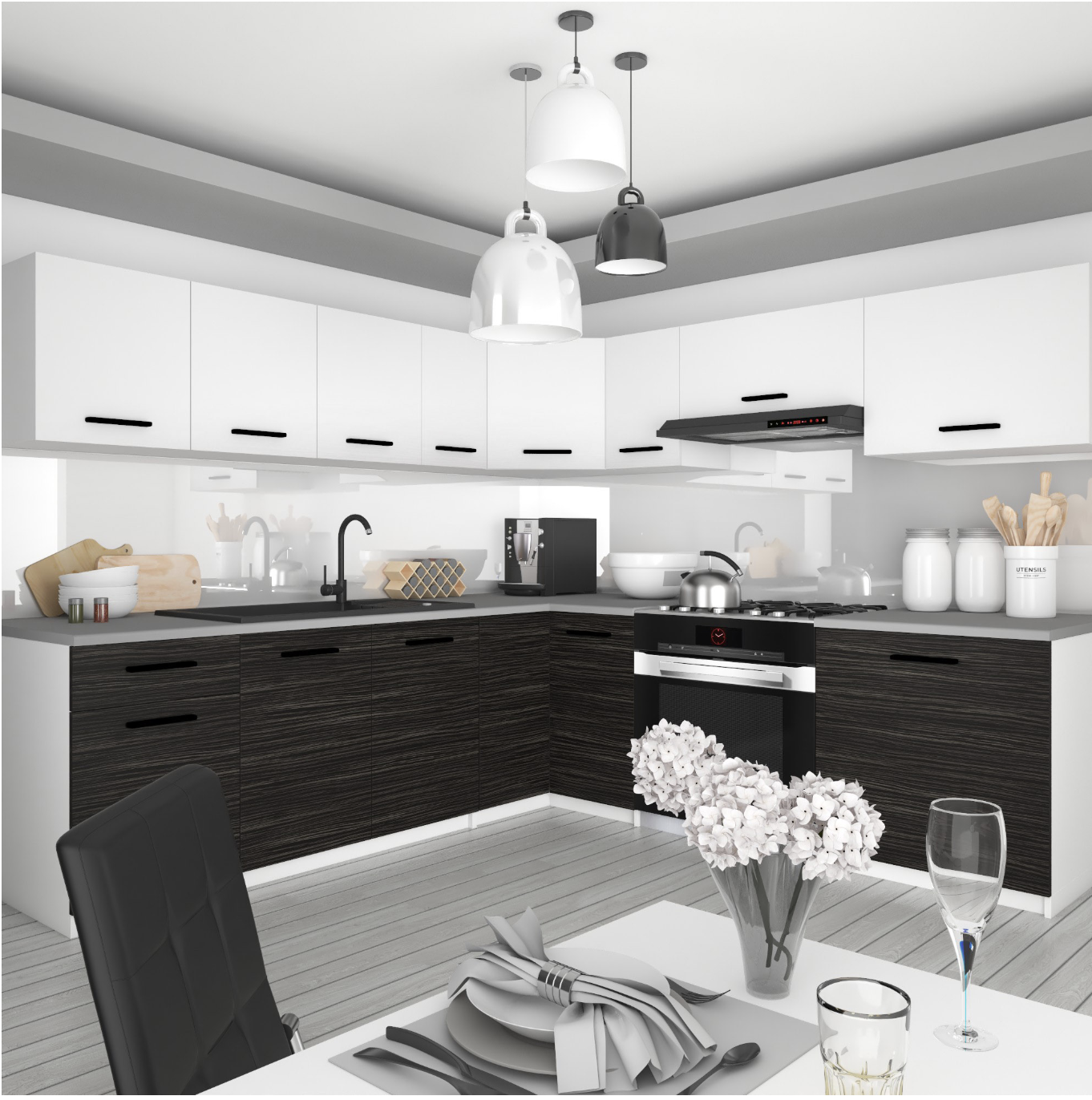 Cuisine Equipee Complete ITALIA 7 - 420 cm. Cuisine en L avec Plan de Travail, Blanc Mat/Ébène miniature 2