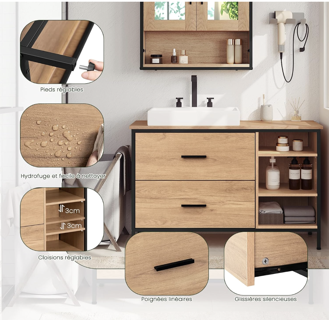 Meuble sous-lavabo sur Pied, Chêne et Noir (90x30x60cm+Panneau Droit) miniature 4