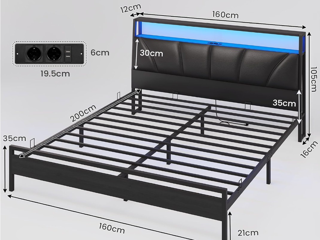 Brinlawb Cadre de lit 160x200 avec Sommier Métal Lit 2 Personnes avec Lumières LED et Multiprise (2 Prises AC, 2 Ports USB) lit Double 160x200 miniature 2