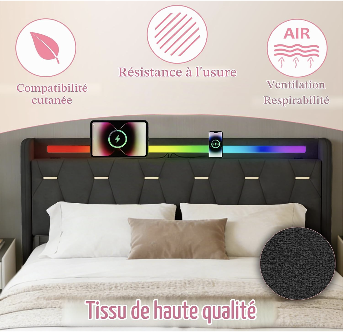  EBSFBD Cadre de lit 140x200 cm avec Enceinte Bluetooth, Velours, Noir | 4 tiroirs de rangement, lit capitonné, éclairage d'ambiance LED, USB  miniature 5
