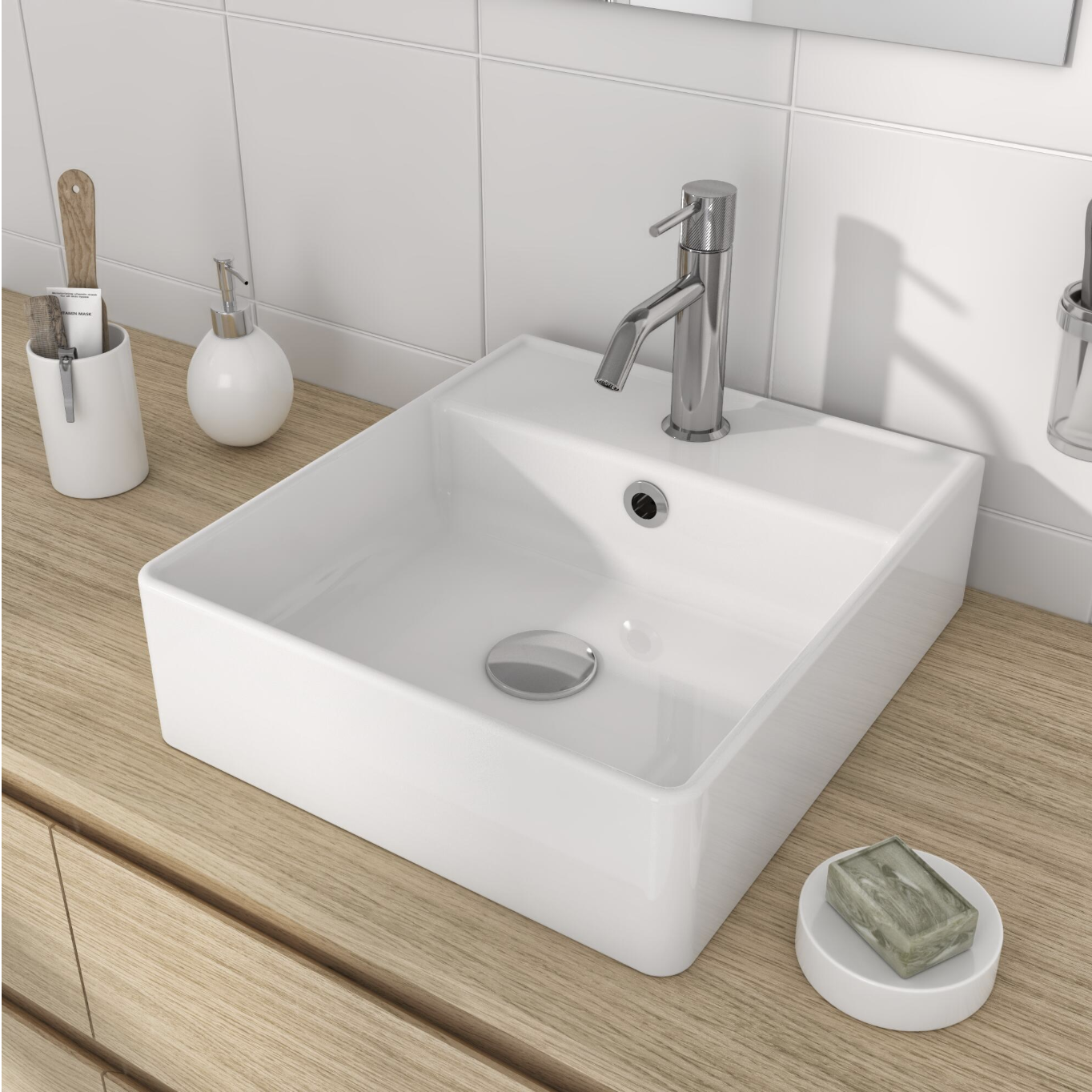 Réf 85538219 Vasque à poser céramique carré Square H.14 x l.37 x P.42 cm blanc brillant