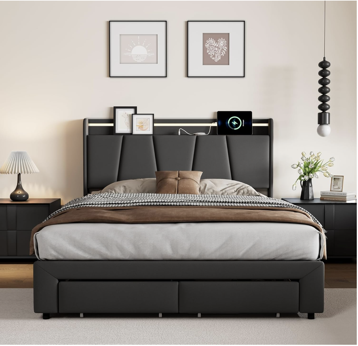 QMTXBYJ lit Coffre 140x190 avec Éclairage LED et Port USB,lit Hydraulique avec Étagères Ouvertes et Rangement Caché en Tête de Lit Capitonné miniature 3