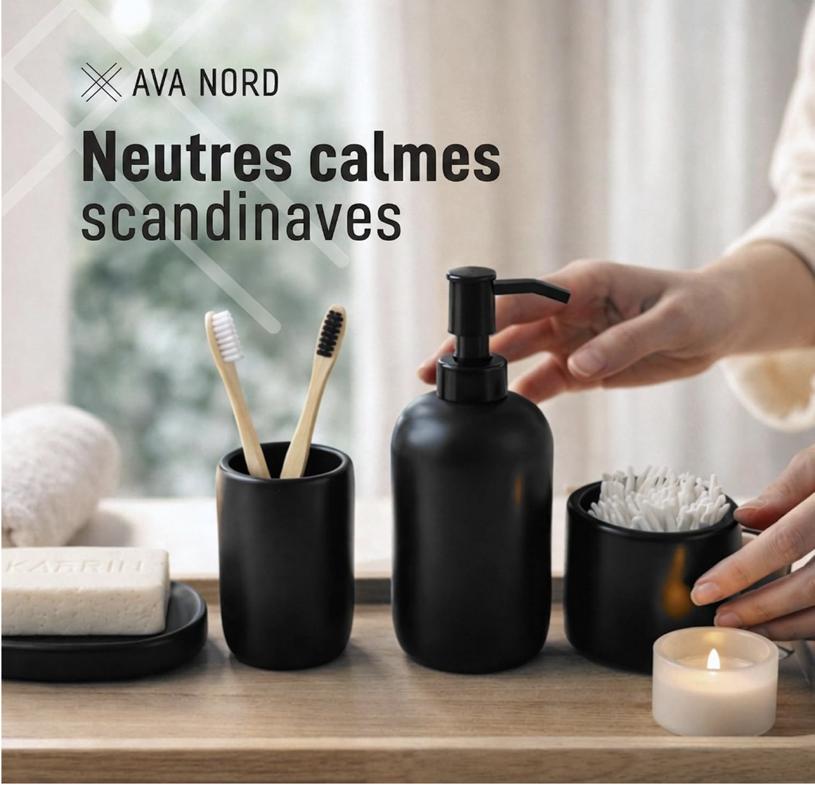 Ensemble d'Accessoires de Salle de Bain en Céramique | 4pk | Noir | Distributeur de Savon + Porte-Brosses à Dents + Porte-Savon + Gobelet miniature 4
