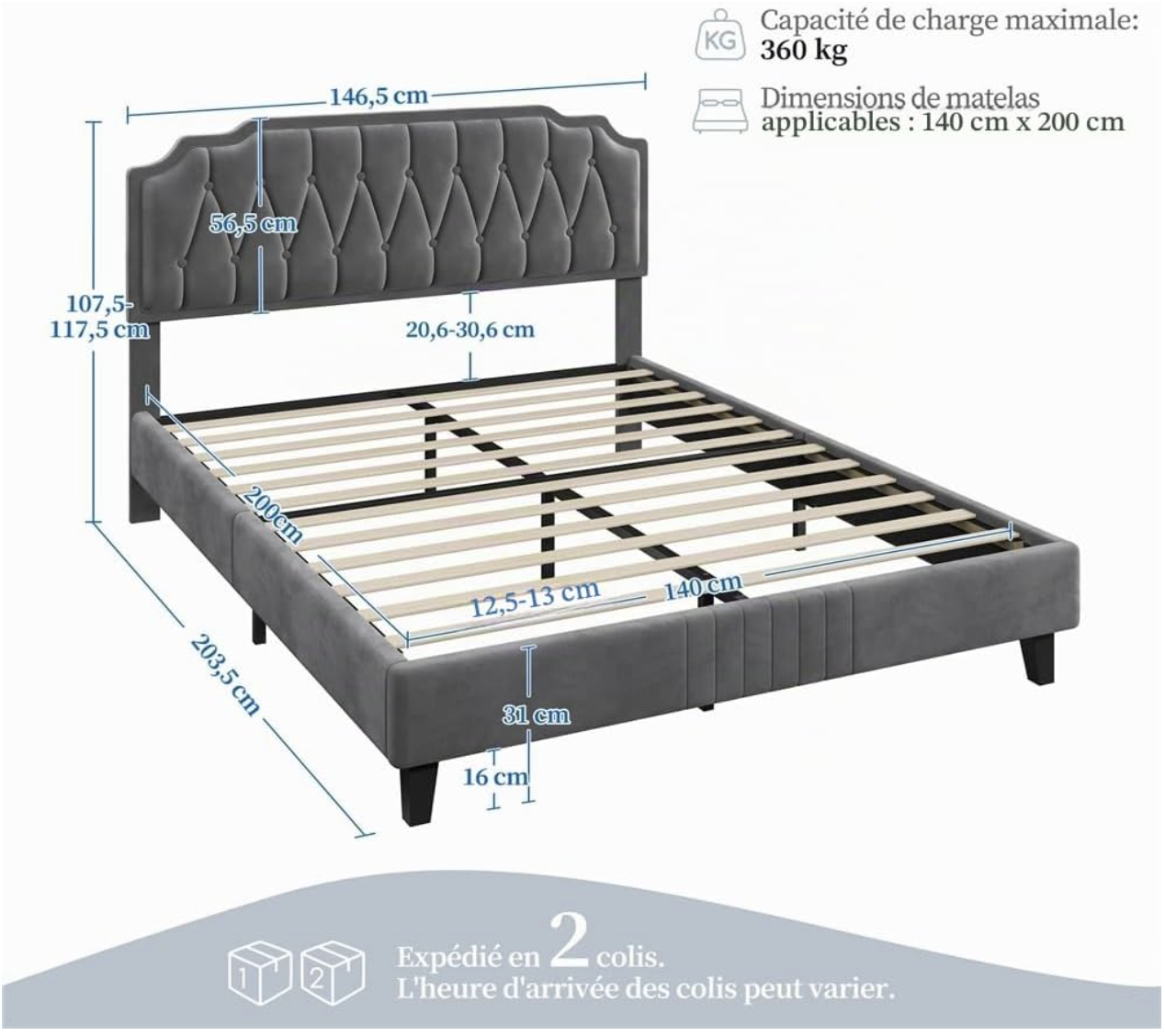  Yaheetech Lit Double 140x200cm avec Sommier Tête Capitonnée Gris Foncé | Cadre de Lit pour Adultes 2 Personnes 2 place tête de Lit Rembourrée Ajustable Bois miniature 2