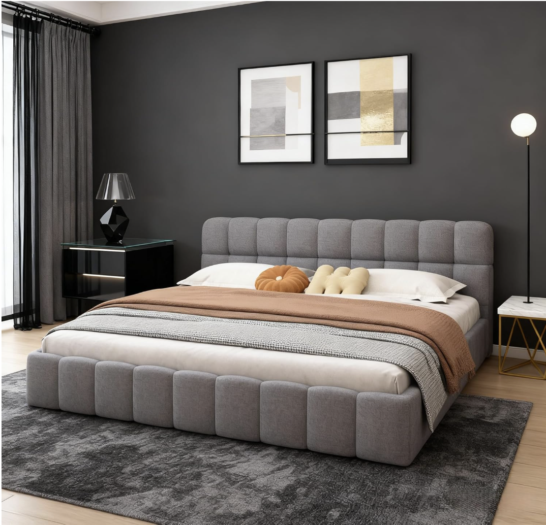 Lit double capitonné 140x190, lit Bubble avec sommier à lattes, tête de lit rembourrée, lit double élégant, idéal pour les chambres d'adolescents