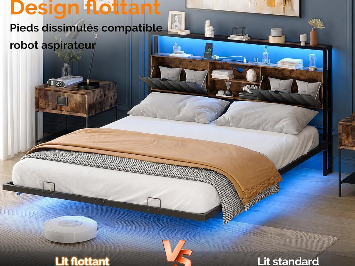 Lit avec Sommier, Lit Flottant avec LED, Lit 2 Personnes, Tête de Lit Tapissée avec Rangement, Station de Charge 4 en 1, en Métal et Bois, Style miniature 6
