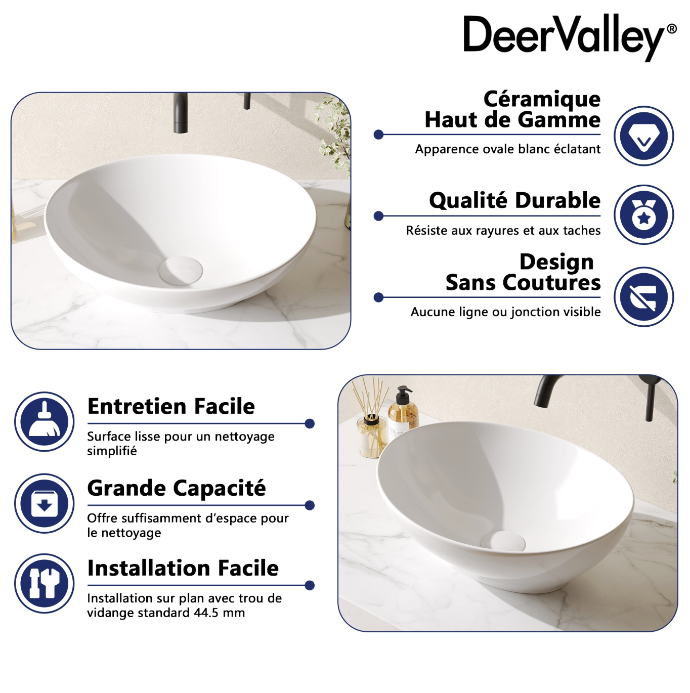 Vasque à Poser Salle de Bain Ovale DeerValley – Vasque a Poser en Céramique Blanc, 41.5 x 34 x 15cm miniature 2