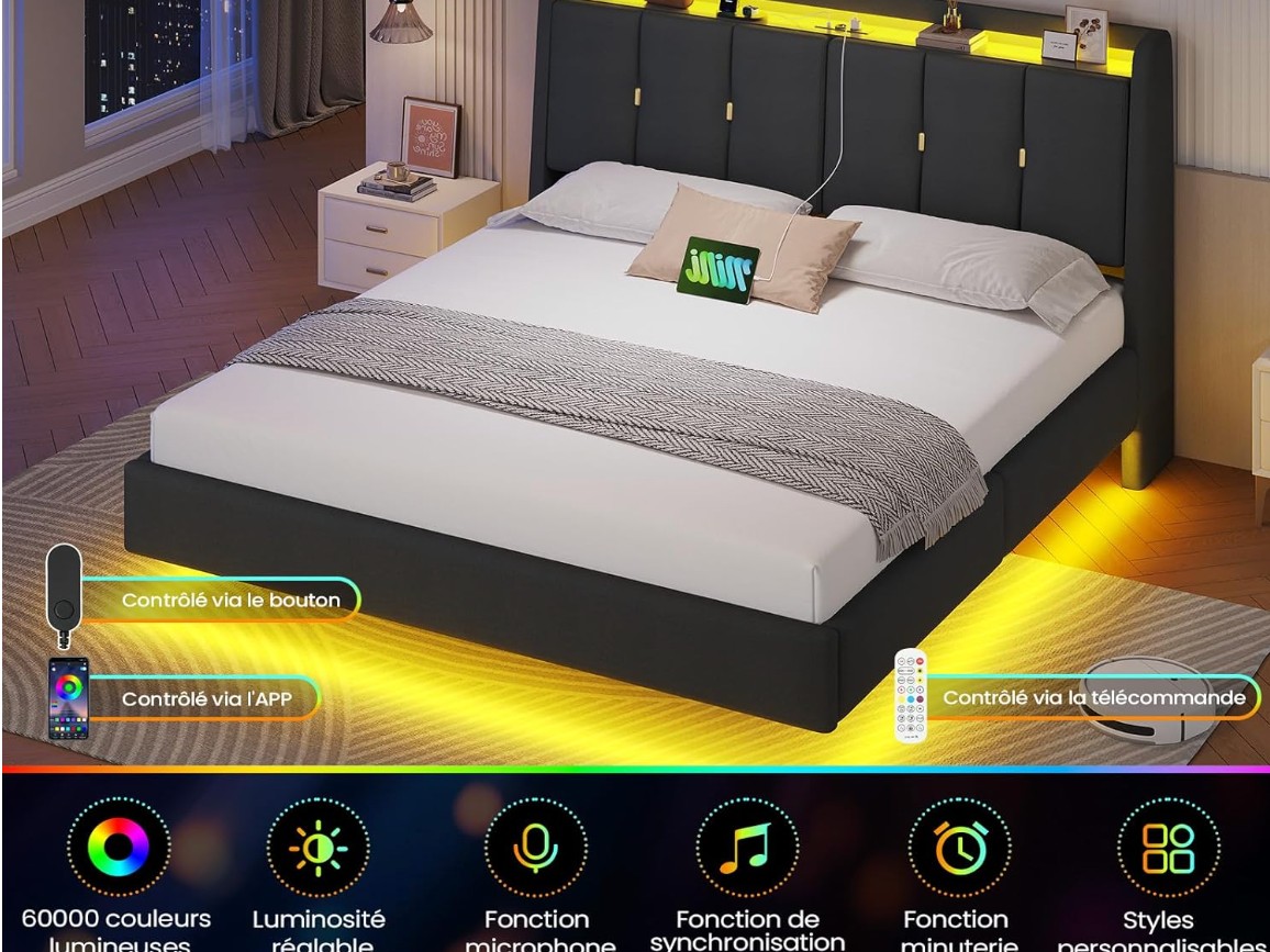 Brinlawb Lit Flottant 180x200 cm avec Dossier Confortable Incliné Rembourré et Rangement Caché, Lit 180x200 avec Sommier avec Éclairage LED et Multiprise miniature 5