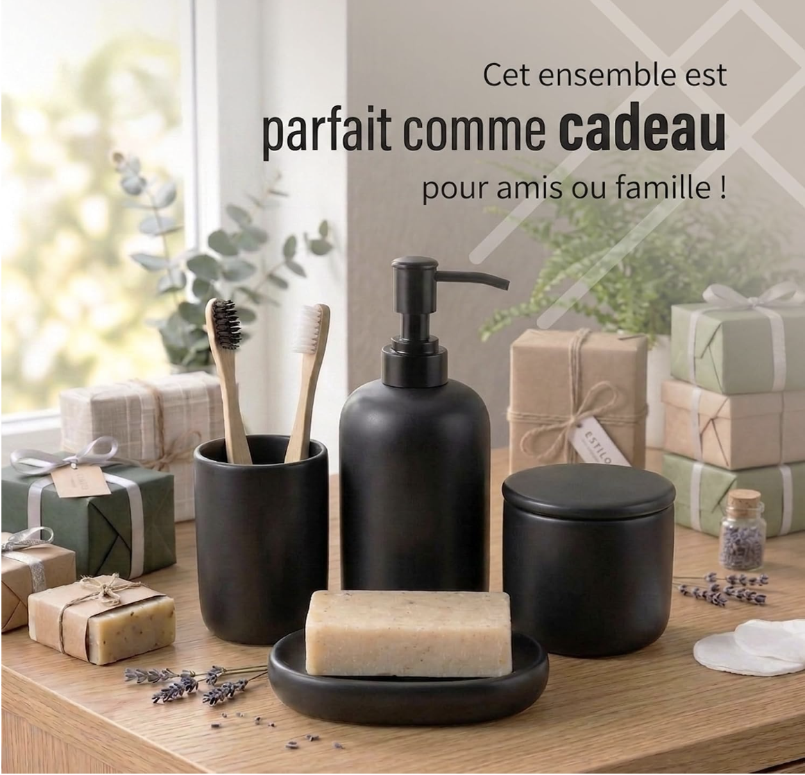 Ensemble d'Accessoires de Salle de Bain en Céramique | 4pk | Noir | Distributeur de Savon + Porte-Brosses à Dents + Porte-Savon + Gobelet miniature 3