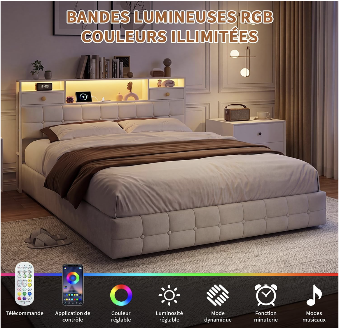  Lit Coffre 160x200, LED Lit Double, Lit Rangement 4 Tiroir, Lit Rembourré miniature 6