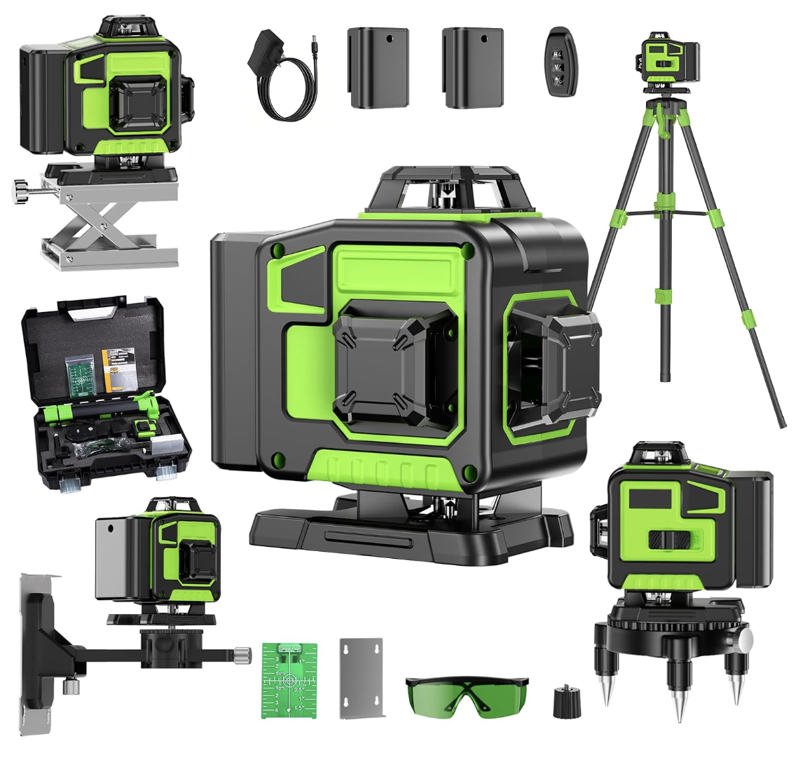 Niveau Laser Chantier Autonivelant 360° x 4, Lazer Niveaux 4D 16 Lignes Laser, Mode Impulsion ExtéRieur, 2 x Batterie, Nivellement Automatique