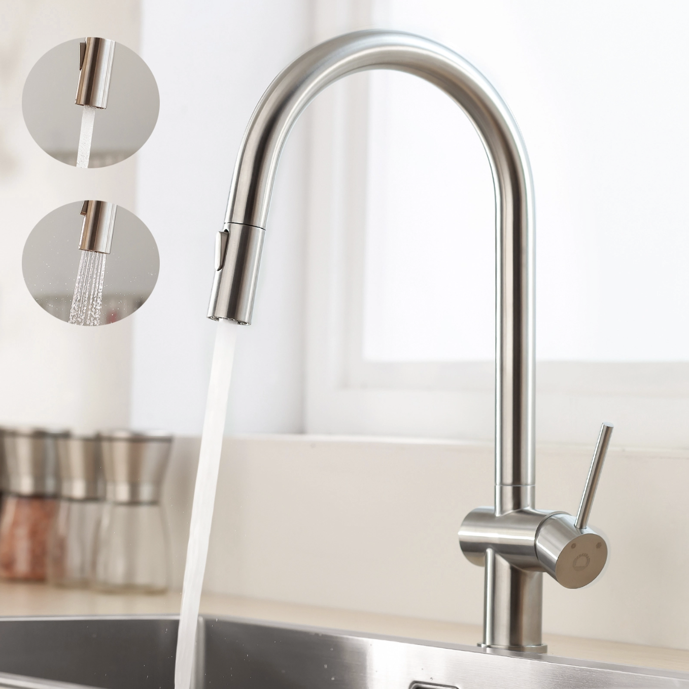 Mitigeur Cuisine avec Douchette Extractible, Robinet en Acier Inoxydable Brossé, Robinet Cuisine d'Évier 2 Modes de Sortie D'eau, EU modèle