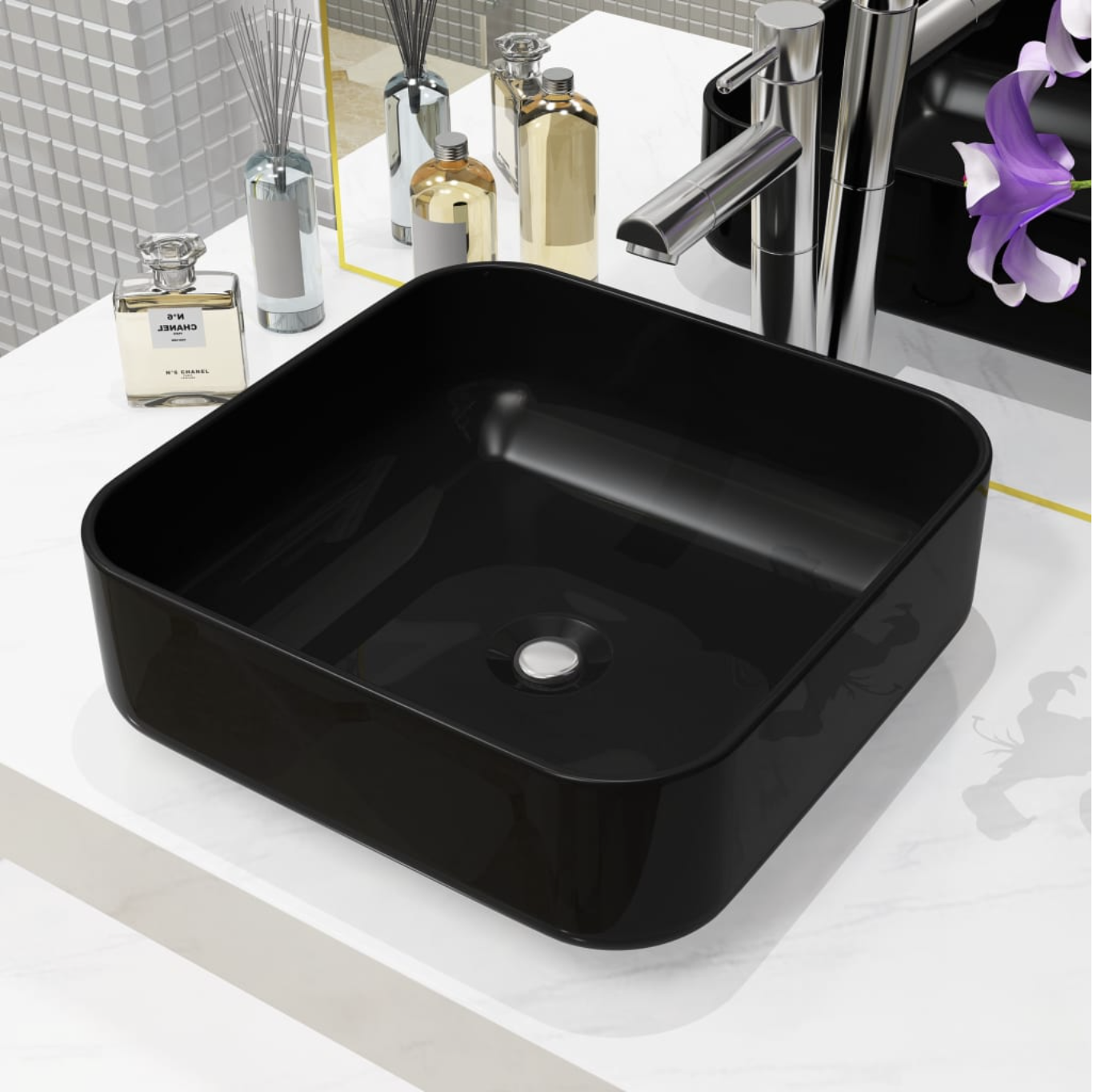 vidaXL Lavabo carré Céramique Noir 38 x 38 x 13,5 cm — photo 1