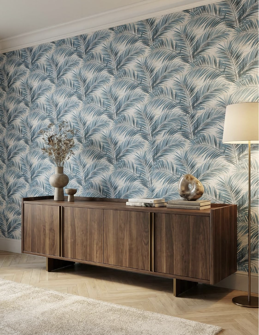 papier peint intissé bleu pétrole feuilles de palmier boho salon | Indigo mat sur crème, structure lisse, sans raccord, motif floral, décoration miniature 3