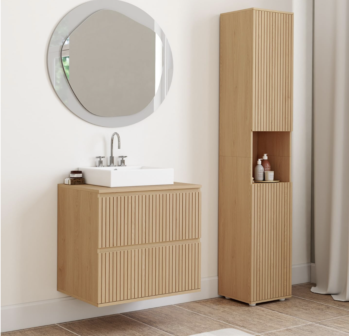 Meuble sous Vasque Suspendu Salle de Bain Victor Effet Lattes | Avec 2 tiroirs — photo 1