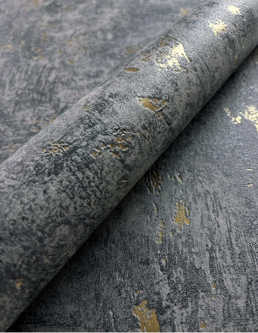 papier peint intissé anthracite béton doré salon loft | accents métallisés or, ciment vieilli chatoyant, esprit glamour industriel, revêtement mural miniature 3