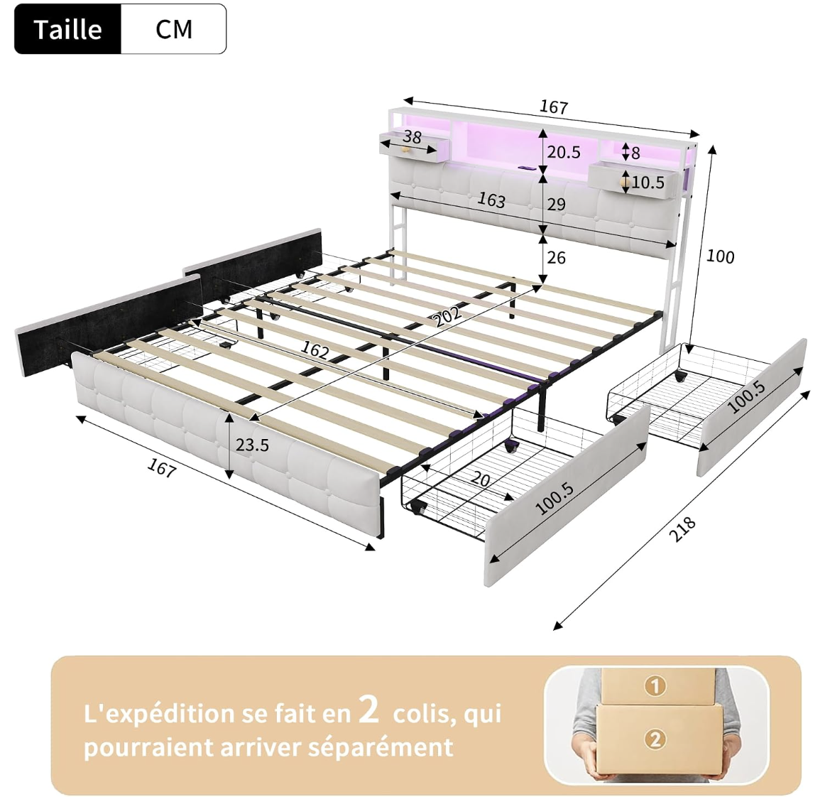  Lit Coffre 160x200, LED Lit Double, Lit Rangement 4 Tiroir, Lit Rembourré miniature 2