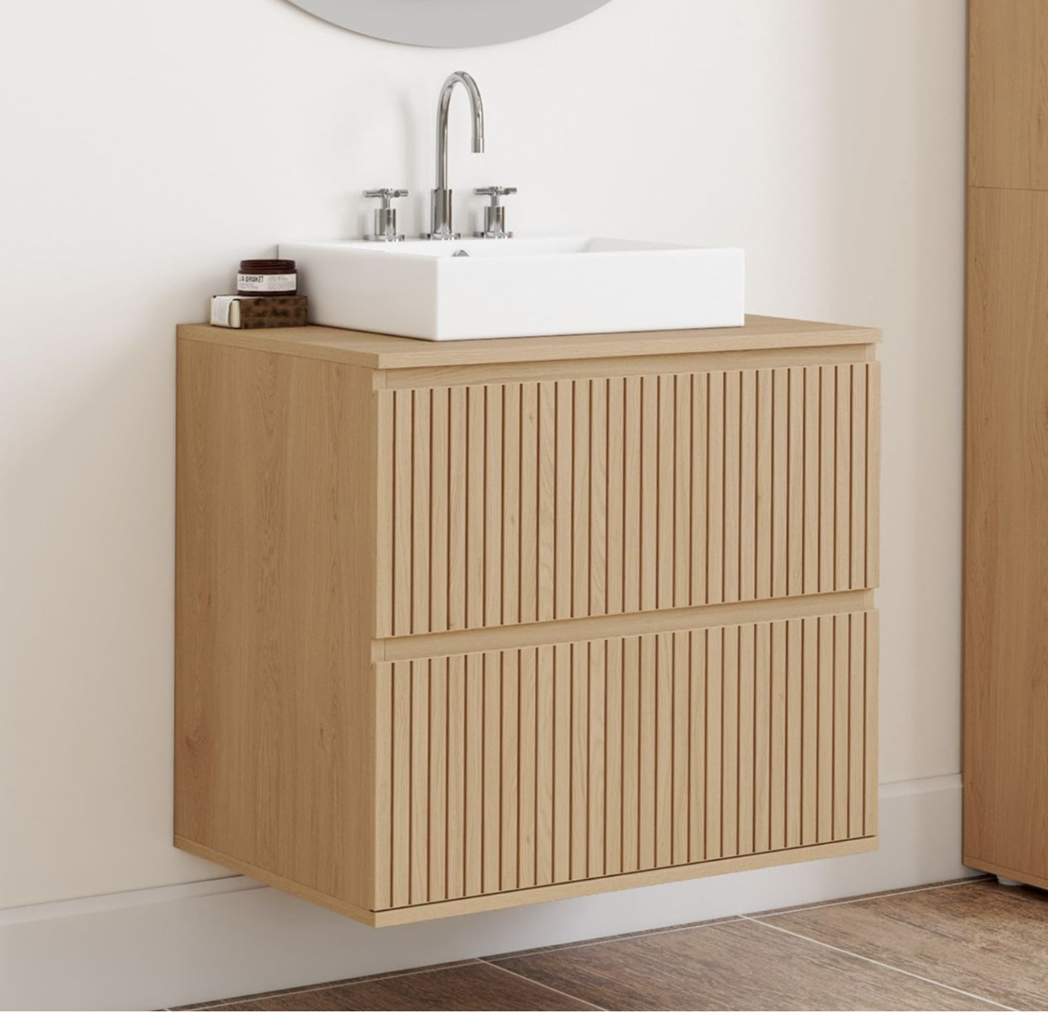 Meuble sous Vasque Suspendu Salle de Bain Victor Effet Lattes | Avec 2 tiroirs miniature 3