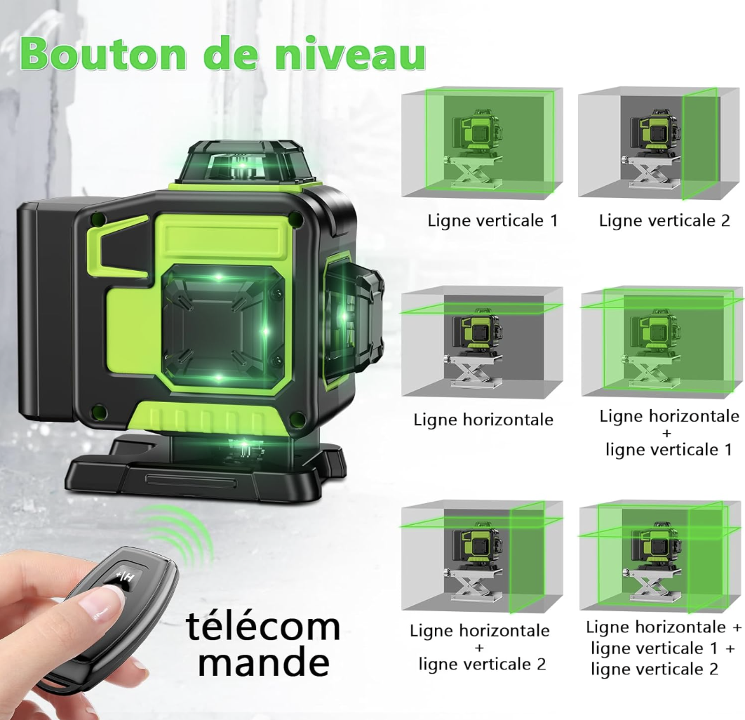 Niveau Laser Chantier Autonivelant 360° x 4, Lazer Niveaux 4D 16 Lignes Laser, Mode Impulsion ExtéRieur, 2 x Batterie, Nivellement Automatique miniature 3