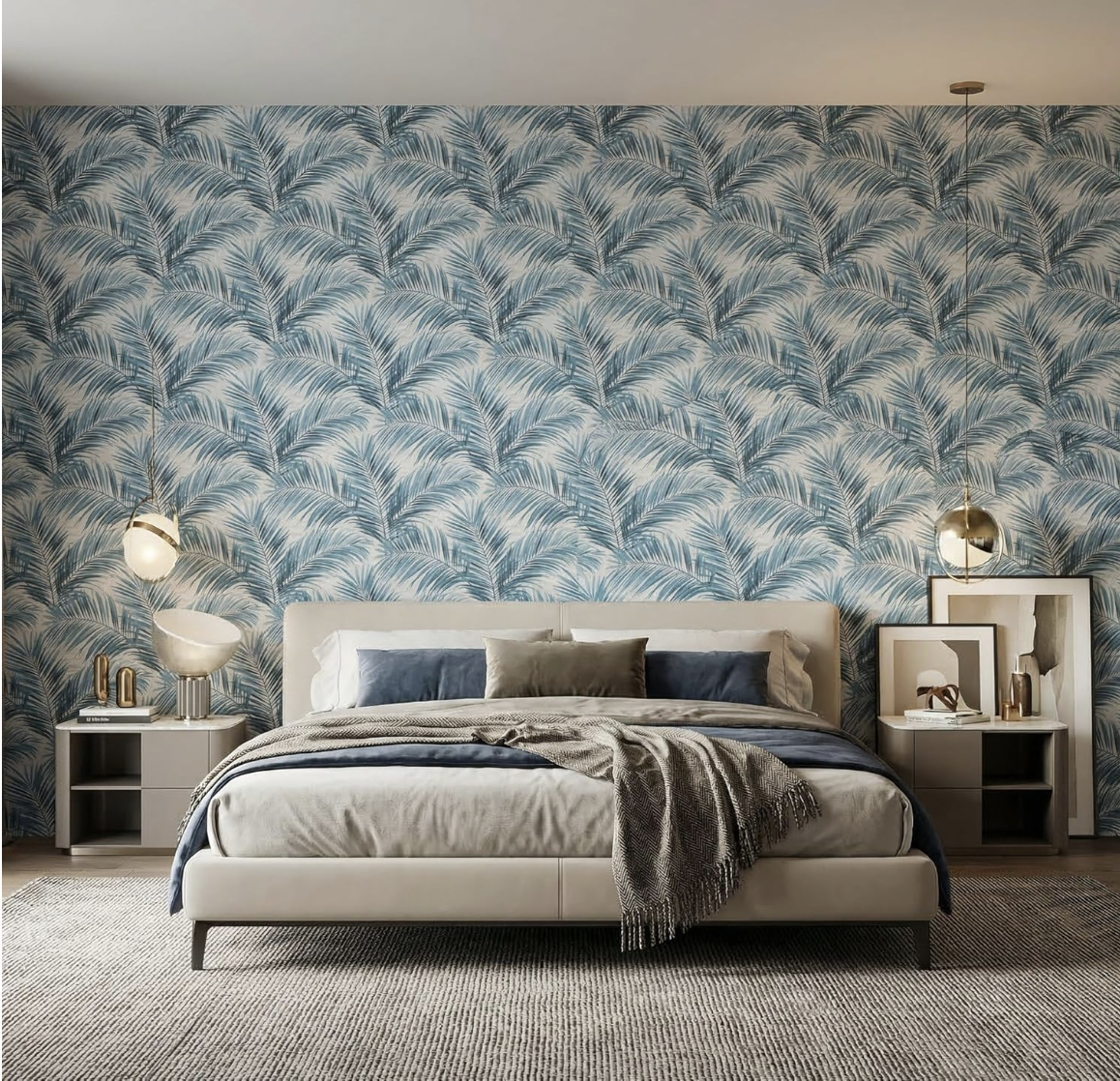 papier peint intissé bleu pétrole feuilles de palmier boho salon | Indigo mat sur crème, structure lisse, sans raccord, motif floral, décoration