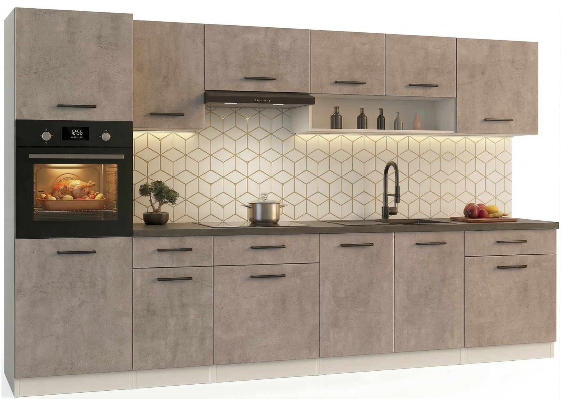 Cuisine complète VIKI Béton gris 300 cm avec colonne four 9 éléments 18 mm