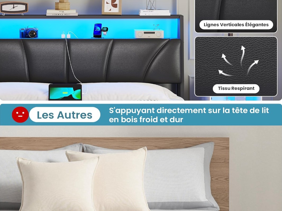 Brinlawb Cadre de lit 160x200 avec Sommier Métal Lit 2 Personnes avec Lumières LED et Multiprise (2 Prises AC, 2 Ports USB) lit Double 160x200 miniature 4