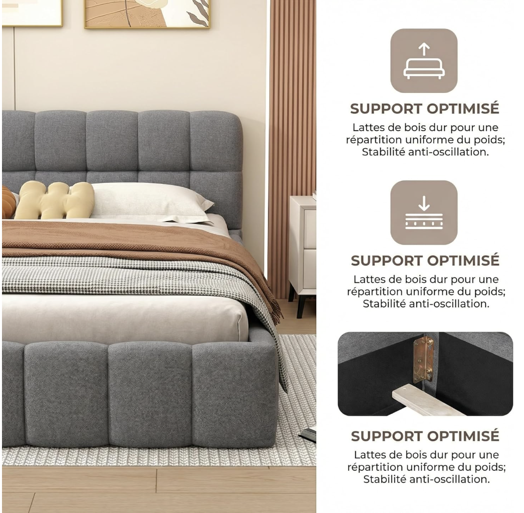 Lit double capitonné 140x190, lit Bubble avec sommier à lattes, tête de lit rembourrée, lit double élégant, idéal pour les chambres d'adolescents miniature 3