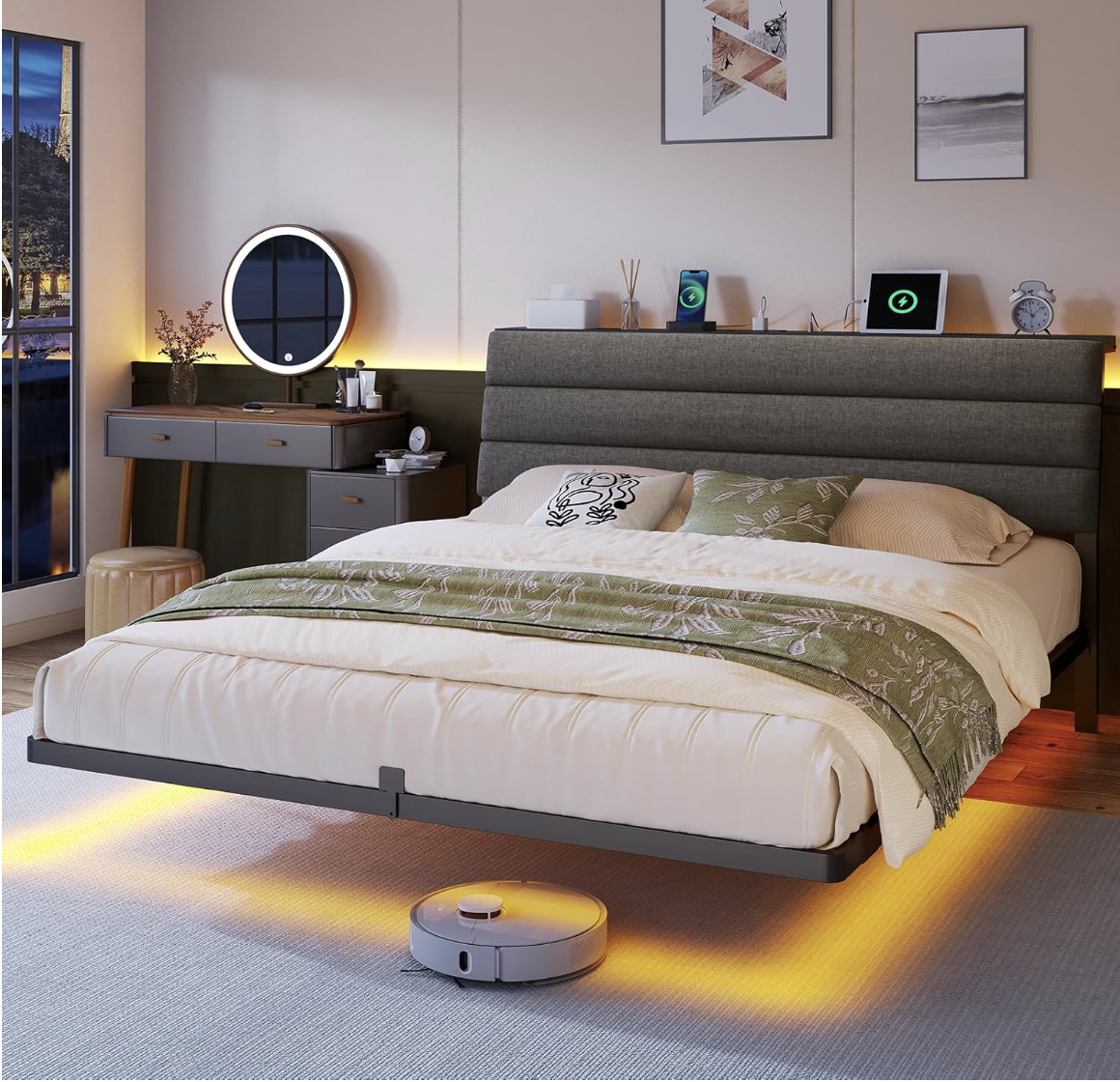 STHYTON 140 x 190 cm Cadre de Lit, Lit Flottant Suspendu avec Éclairage LED, Tête de Lit Rembourrée avec Rangement et Multiprise, Structure Métallique — photo 1