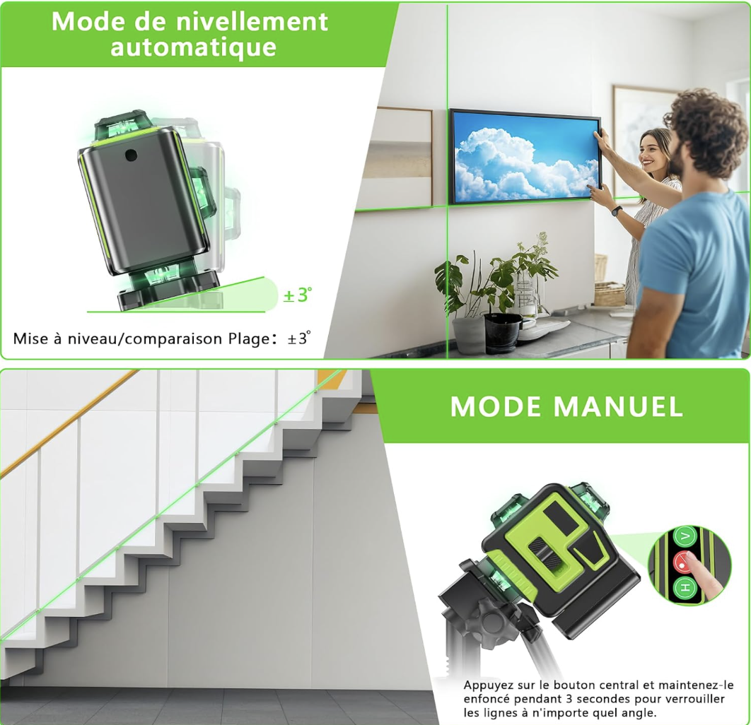 Niveau Laser Chantier Autonivelant 360° x 4, Lazer Niveaux 4D 16 Lignes Laser, Mode Impulsion ExtéRieur, 2 x Batterie, Nivellement Automatique miniature 2