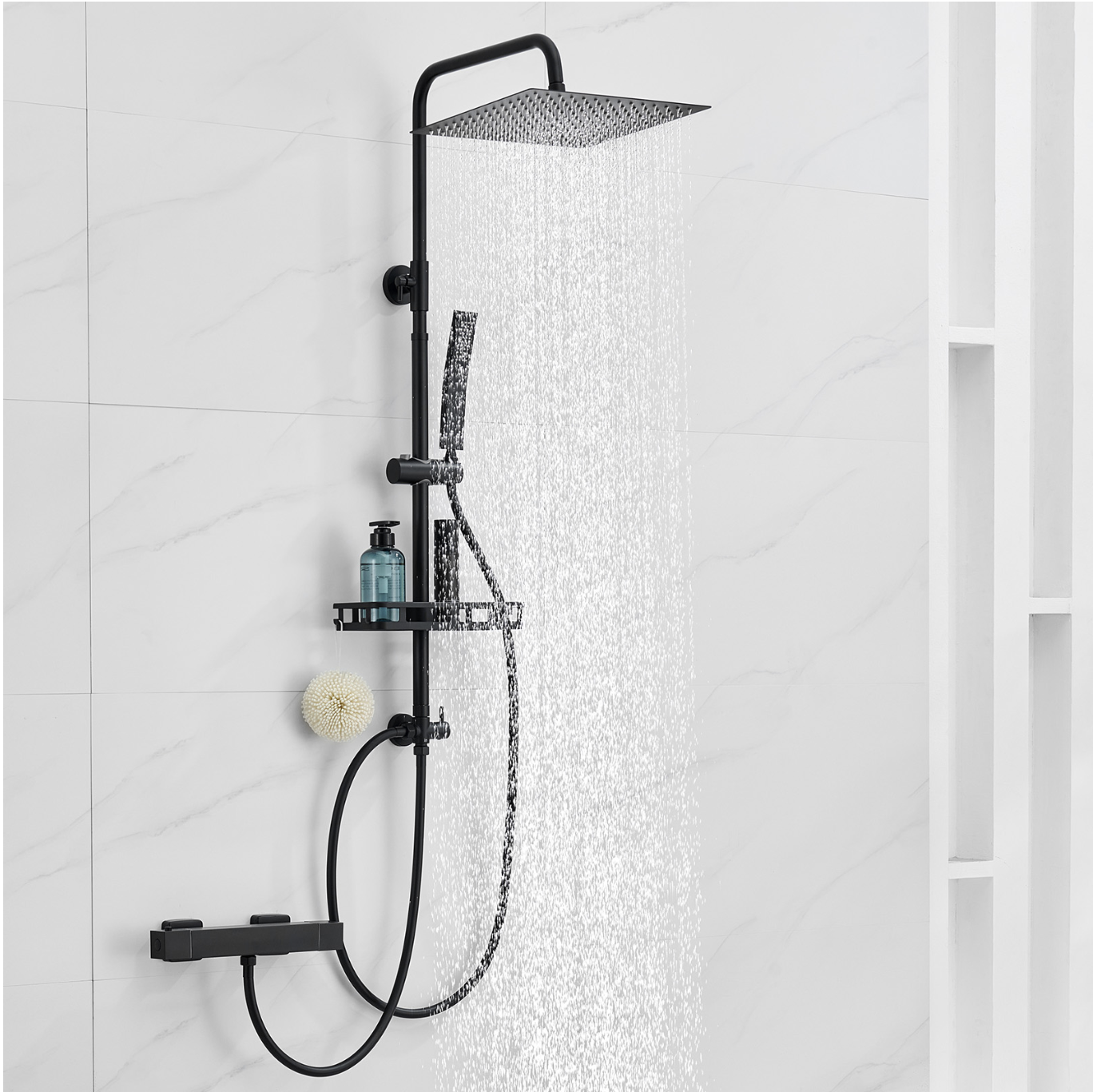 Auralum Max Colonne Douche Sans Mitigeur Noire,Tête Carrée 30×30 cm,Hauteur Réglable 72-110 cm,Douchette Main,Étagère Sans Perçage/Flexible 1,5 m miniature 2