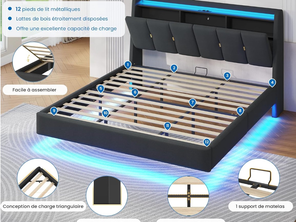 Brinlawb Lit Flottant 180x200 cm avec Dossier Confortable Incliné Rembourré et Rangement Caché, Lit 180x200 avec Sommier avec Éclairage LED et Multiprise miniature 6