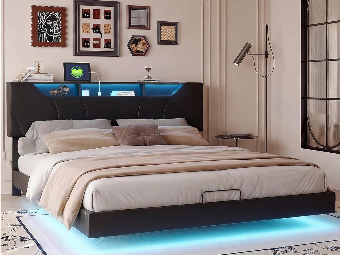 JDEFARF Lit double suspendu avec coffre et LED 160 x 200 cm, lit coffre rembourré en polyuréthane noir, lit double avec tête de lit — photo 1