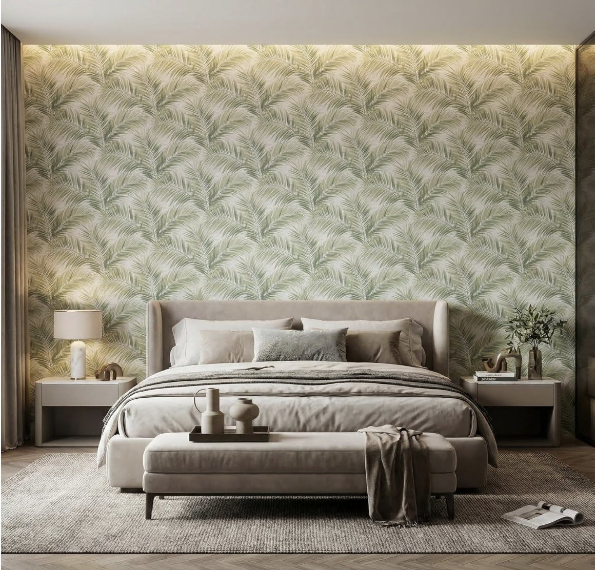 papier peint intissé vert feuilles de palmier salon scandinave | Olive-sauge mat sur crème, sans raccord, motif floral, décoration murale, ambiance miniature 5
