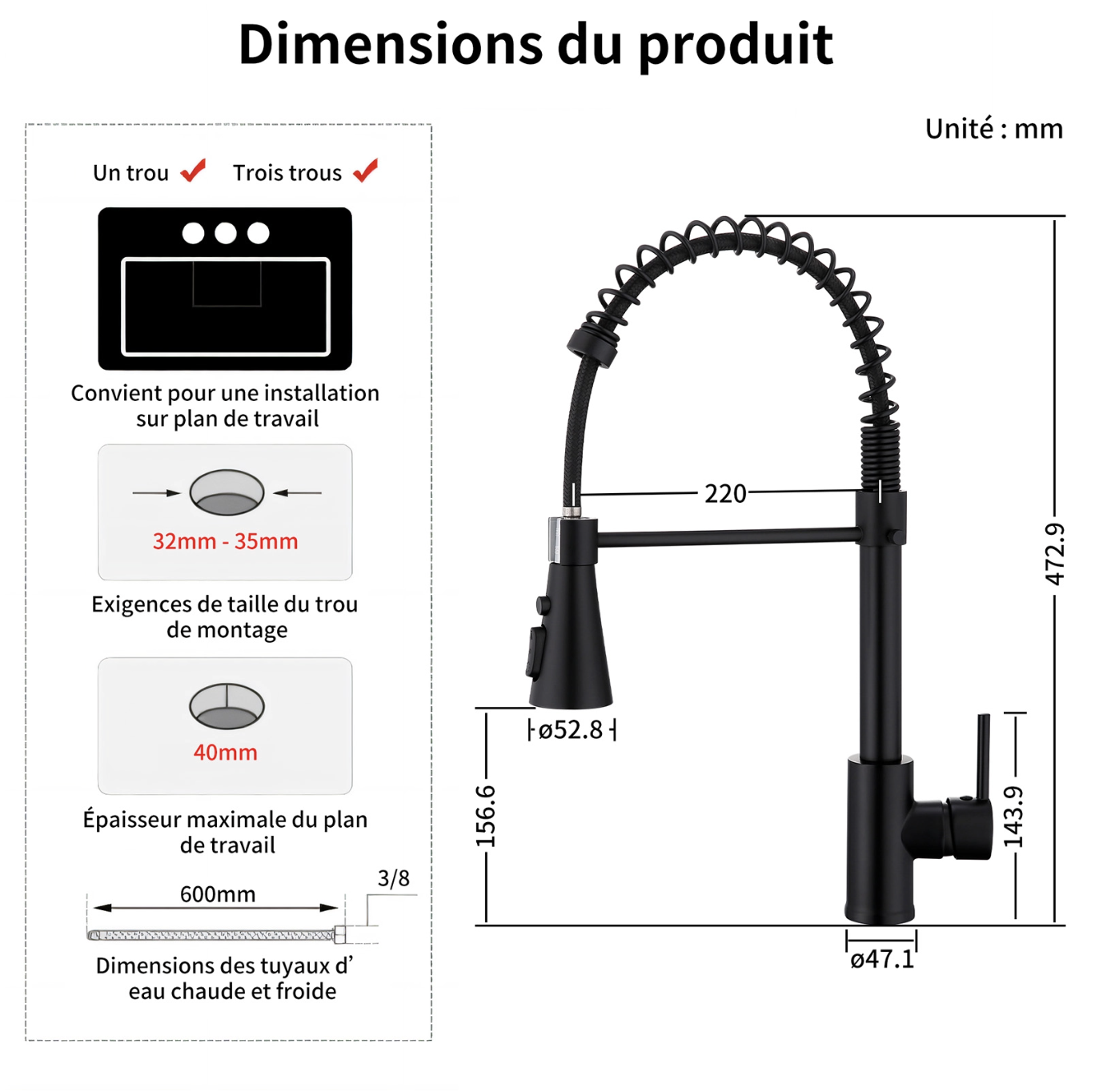 Mitigeur de Cuisine Noir à Ressort en Inox miniature 2