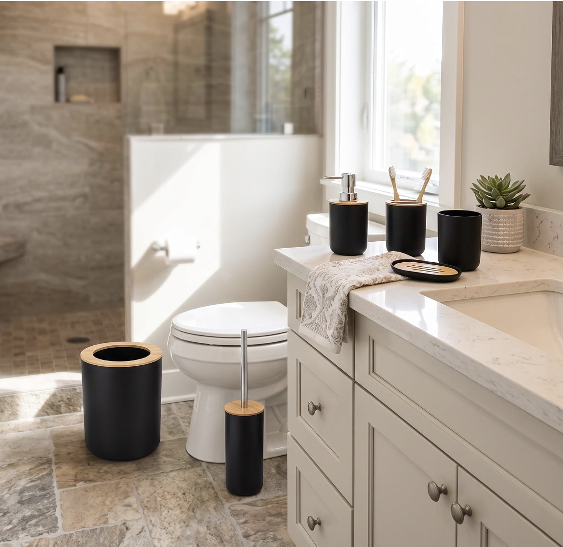 Ensemble d'Accessoires de Salle de Bain 6 Pièces, Noir, Distributeur de Lotion, Porte-Brosse à Dents, Tasse à Dents, Porte-Savon, Brosse de Toilette, Poubelle
