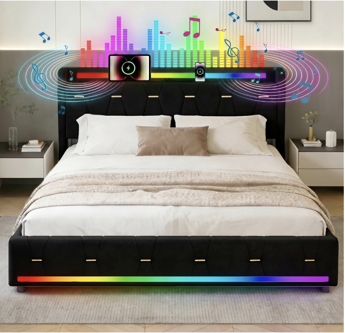  EBSFBD Cadre de lit 140x200 cm avec Enceinte Bluetooth, Velours, Noir | 4 tiroirs de rangement, lit capitonné, éclairage d'ambiance LED, USB  miniature 2