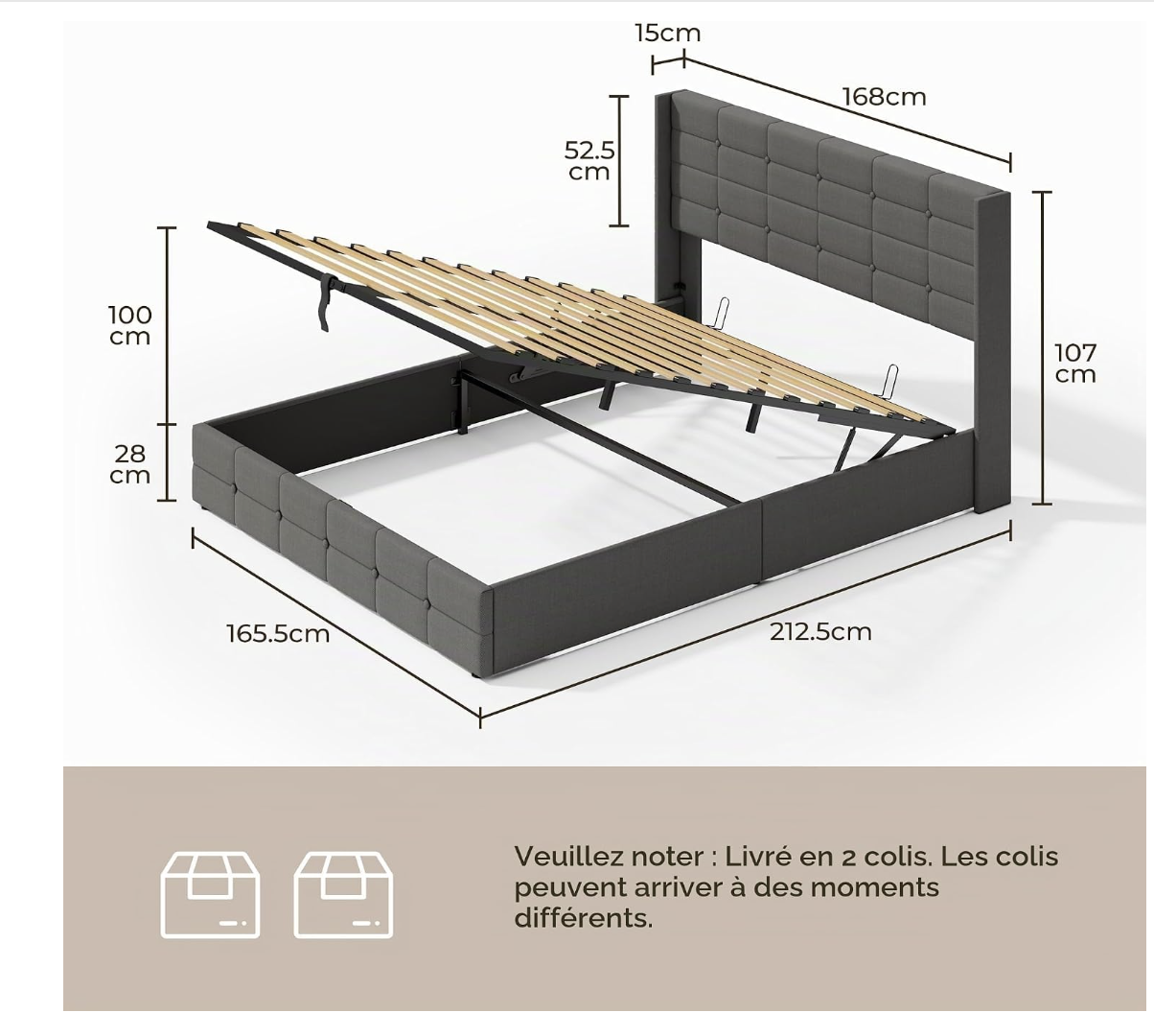 Blishom Lit Coffre 160x200 cm, lit Hydraulique avec Étagères Ouvertes et Rangement Caché en Tête de Lit Capitonné, Cadre de Lit, Sommier à Lattes — photo 1
