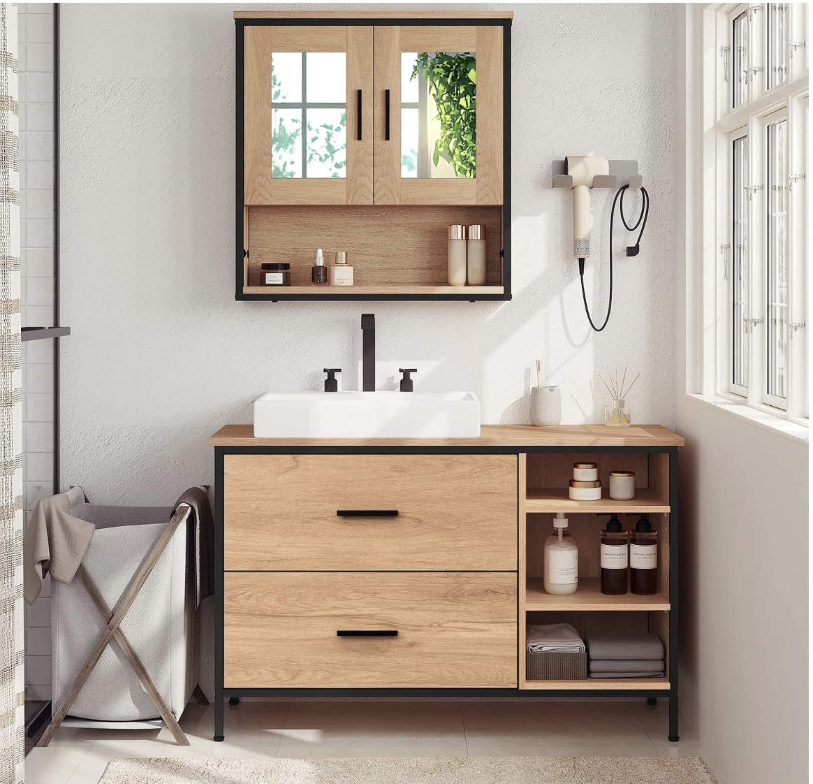 Meuble sous-lavabo sur Pied, Chêne et Noir (90x30x60cm+Panneau Droit) miniature 2