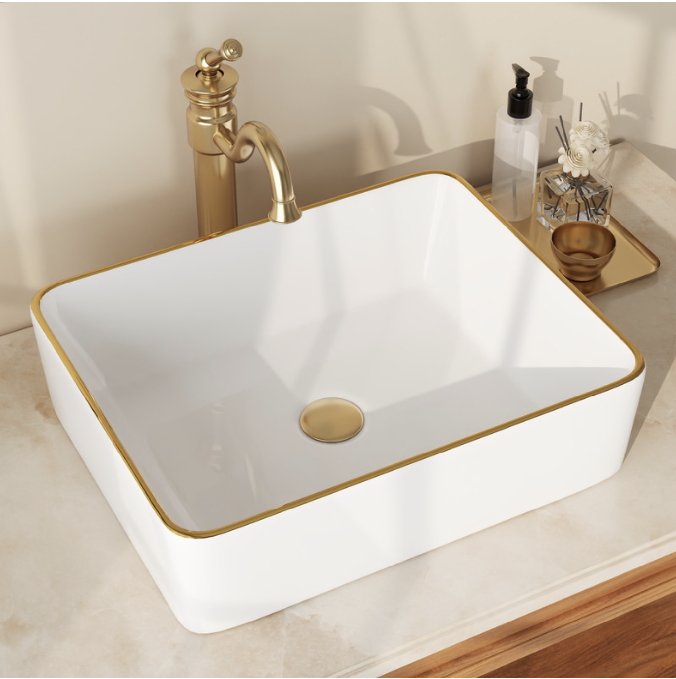 Vasque à poser rectangulaire en céramique Blanc avec des bords dorés 48 x 37 x 14cm – Pour salle de bain – DeerValley
