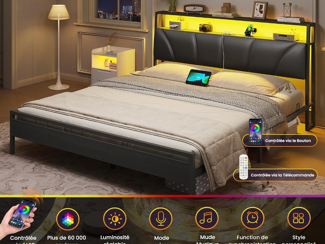 Brinlawb Cadre de lit 160x200 avec Sommier Métal Lit 2 Personnes avec Lumières LED et Multiprise (2 Prises AC, 2 Ports USB) lit Double 160x200 miniature 5