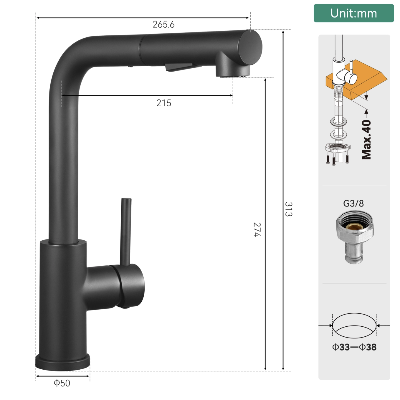 Cecipa max Mitigeur Cuisine Noir avec Douchette Extractible, Monocommande, Rotation à 360°, 2 Modes de pulvérisat Robinet d'évier Cuisine,EU Modèle miniature 6