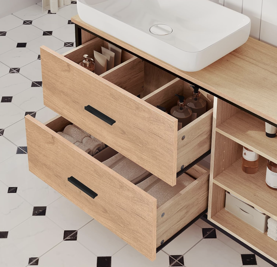 Meuble sous-lavabo sur Pied, Chêne et Noir (90x30x60cm+Panneau Droit) miniature 5