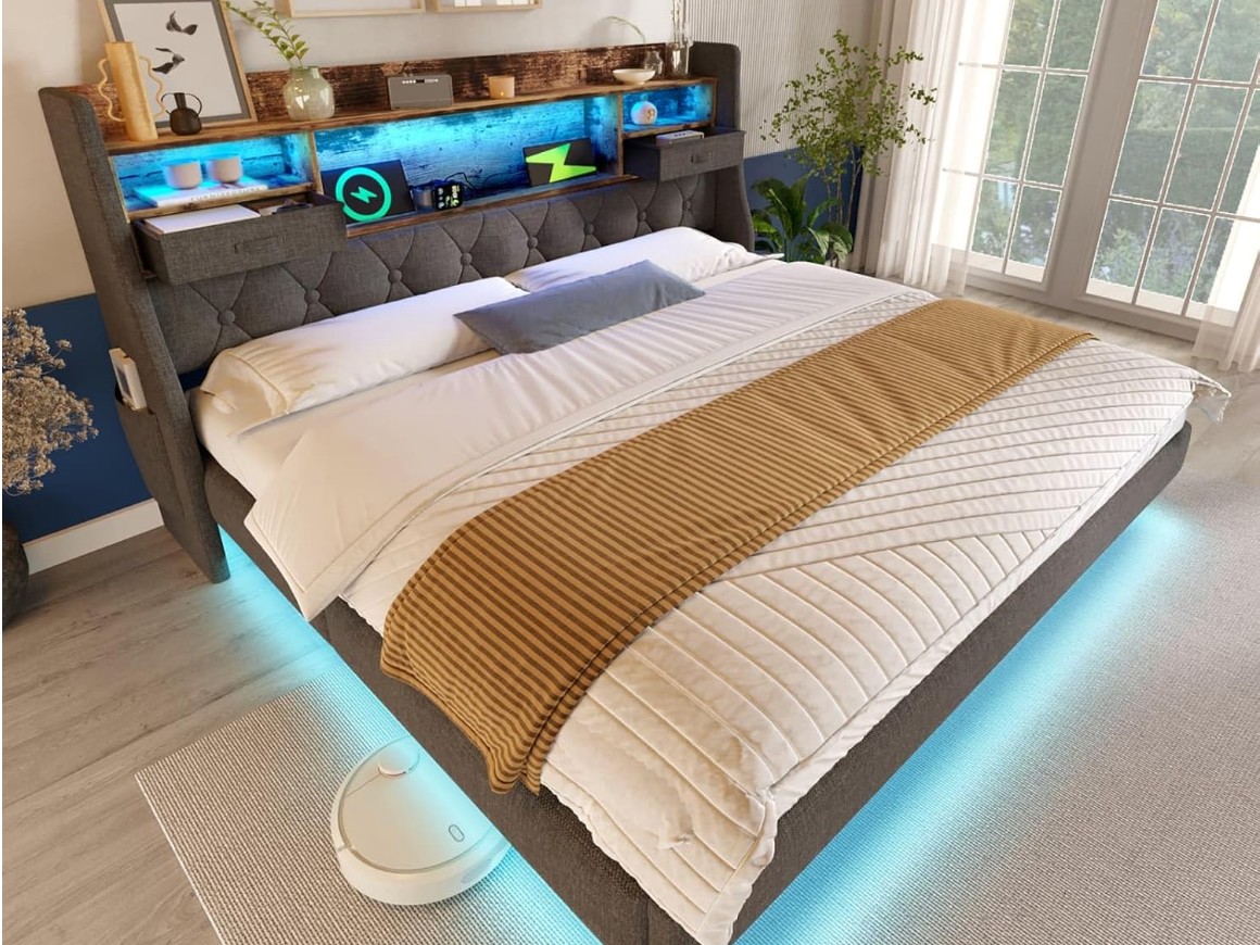 KOMHTOM Lit Suspendu Rembourré avec éclairage LED(180x200CM-Gris) | Lit Double Moderne,2 Tiroirs,Ports USB et Type-C,Tête de lit à Rangement et Sommier miniature 4