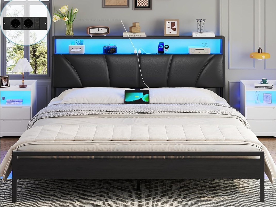 Brinlawb Cadre de lit 160x200 avec Sommier Métal Lit 2 Personnes avec Lumières LED et Multiprise (2 Prises AC, 2 Ports USB) lit Double 160x200 — photo 1