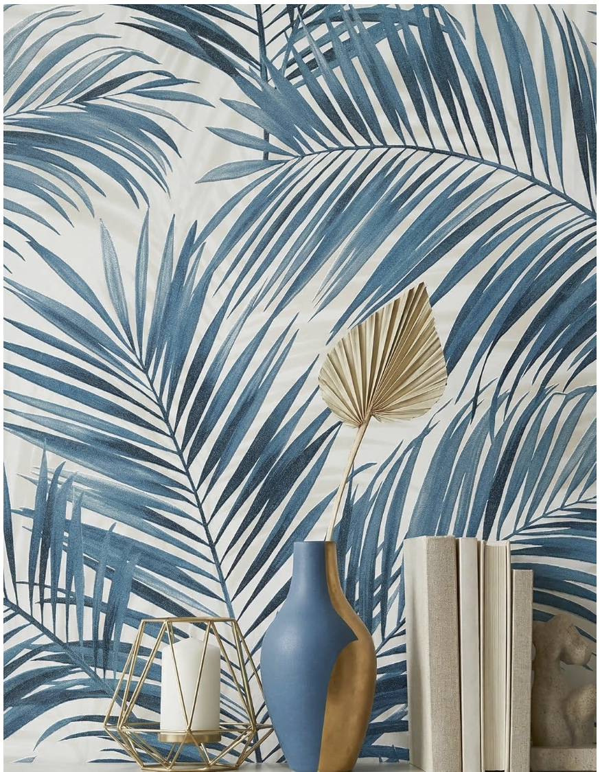 papier peint intissé bleu pétrole feuilles de palmier boho salon | Indigo mat sur crème, structure lisse, sans raccord, motif floral, décoration miniature 2